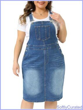 Plus Size Denim Overall Dress Adjustable Strap Pinafore Bib Side Pockets
